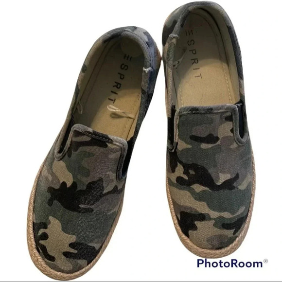 Esprit Nadeen Camo Slip-on Shoe Jute Edging Rubber Sole Textile Upper Flat 7.5 - Picture 1 of 9